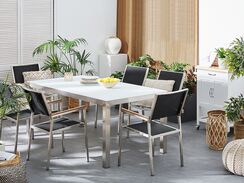 6-istuttava ulkoruokailuryhmä valkoinen lasitaso tekstiilituolit valkoinen/musta GROSSETO 6-istuttava ulkoruokailuryhmä valkoinen lasitaso tekstiilituolit valkoinen/musta GROSSETO