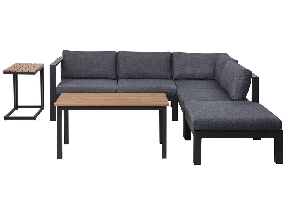 Set relax con divano angolare con cuscini grigi e tavolino in
