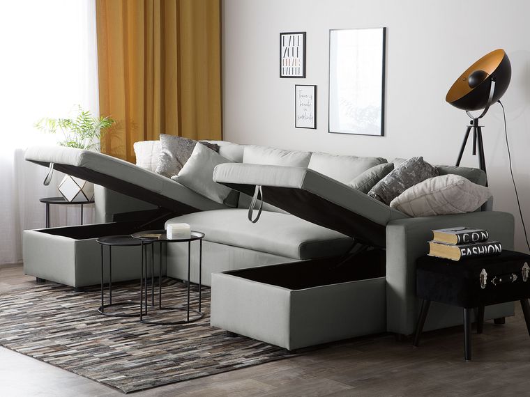 Fabric Corner Sofa Bed with Storage Light Grey SOMMEN Beliani.co.uk