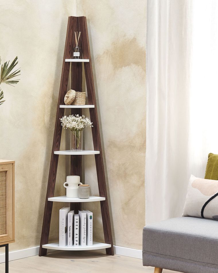 4 Tier Corner Ladder Shelf Dark Wood and White MOBILE SOLO Beliani.co.uk