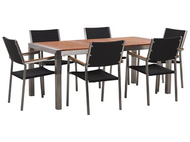 Hatszemélyes étkezőasztal eukaliptusz asztallappal és fekete rattanszékekkel GROSSETO