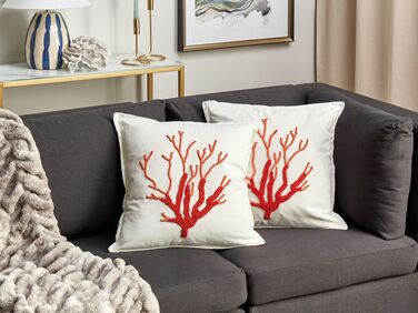 Set of 2 Cotton Cushions Coral Motif 45 x 45 cm White CORAL