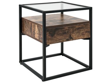 1 Drawer Glass Top Side Table Dark Wood with Black MAUK