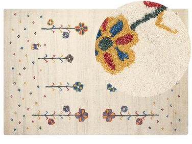 Wool Gabbeh Area Rug with Floral Pattern Beige HUSUNLU Various Sizes