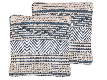 Set of 2 Cotton Cushions Geometric Pattern 45 x 45 cm Beige and Blue DEWBERRY