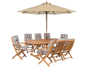 Zestaw ogrodowy drewniany stół z parasolem i 8 krzeseł z poduszkami niebiesko-beżowymi MAUI