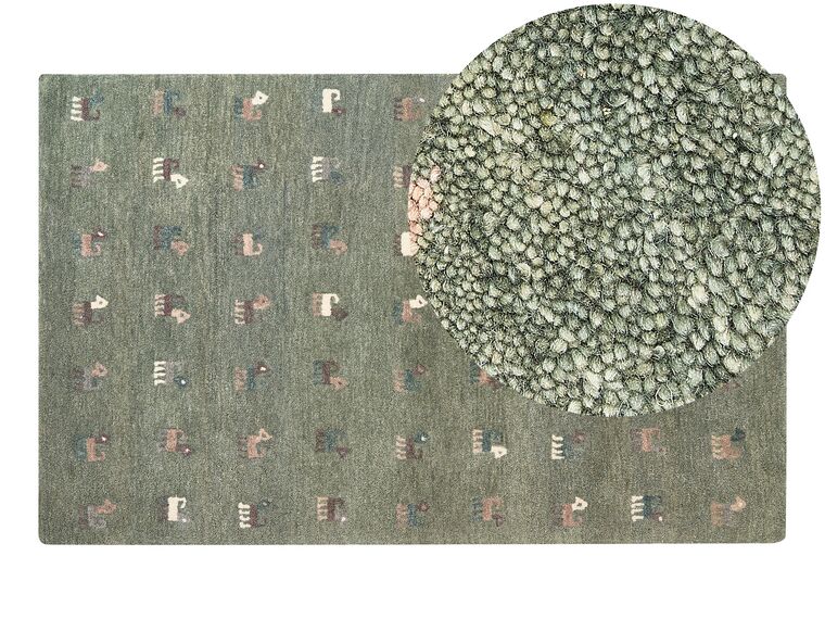 Dywan wełniany gabbeh ze wzorem w zwierzęta 140 x 200 cm zielony KIZARLI_855506