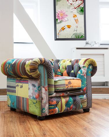Fabric Armchair Patchwork Green and Yellow CHESTERFIELD