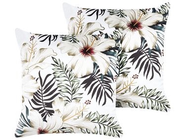 Set of 2 Velvet Cushions Leaf Pattern 45 x 45 cm White and Green OKRA