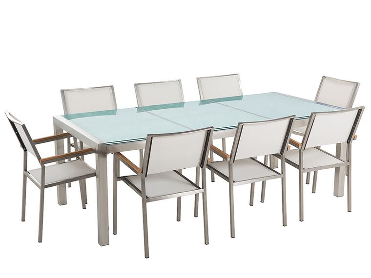 Conjunto de jardín mesa en vidrio 220 cm, 8 sillas blancas GROSSETO_677338