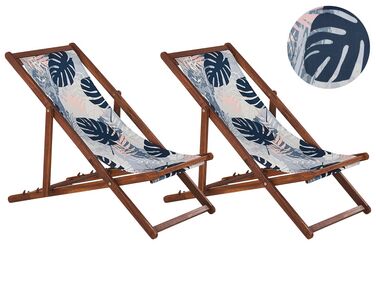 Set of 2 Acacia Folding Deck Chairs and 2 Replacement Fabrics Dark Wood with Off-White / Blue Palm Leaves Pattern ANZIO