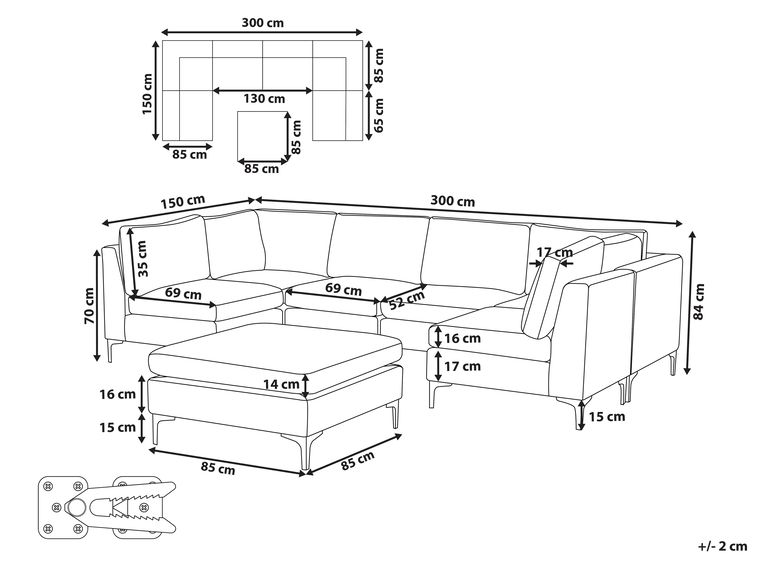 Sofá em U 6 lugares em veludo azul marinho com repousapés EVJA