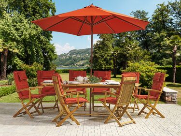 8 Seater Acacia Wood Garden Dining Set with Parasol and Red Cushions MAUI