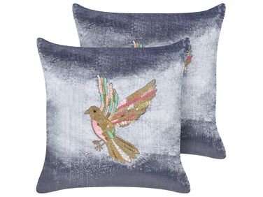 Set of 2 Velvet Cushions Bird Motif 45 x 45 cm Grey RUELLIA