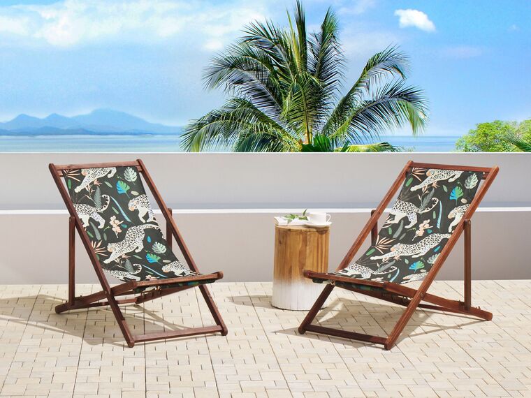 Set of 2 Acacia Folding Deck Chairs and 2 Replacement Fabrics Dark Wood with Off-White / Animal Pattern ANZIO_819840