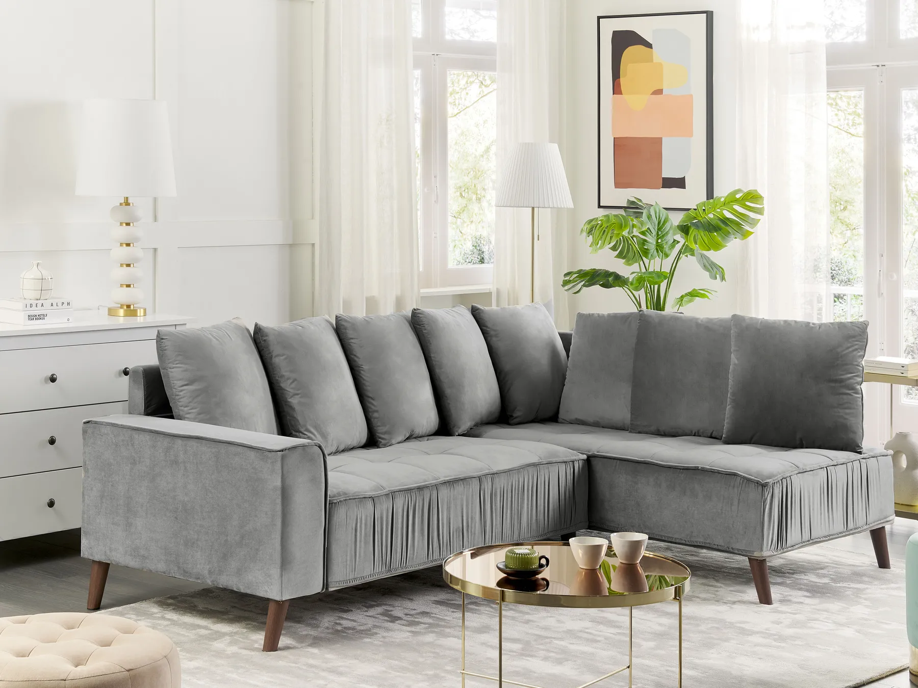 Corner Sofa 3 Seater GRENA Velvet Light Grey Left Hand_837244