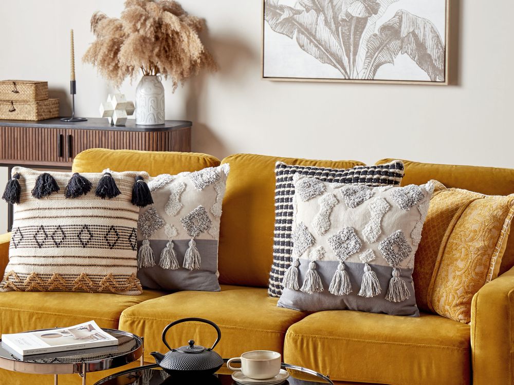 Tufted Cotton Cushion with Tassels 45 x 45 cm Beige and Grey ALOCASIA Beliani