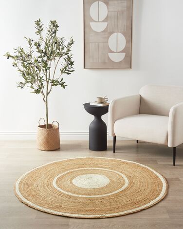 Round Jute Area Rug ⌀ 140 cm Beige and White HALFELI