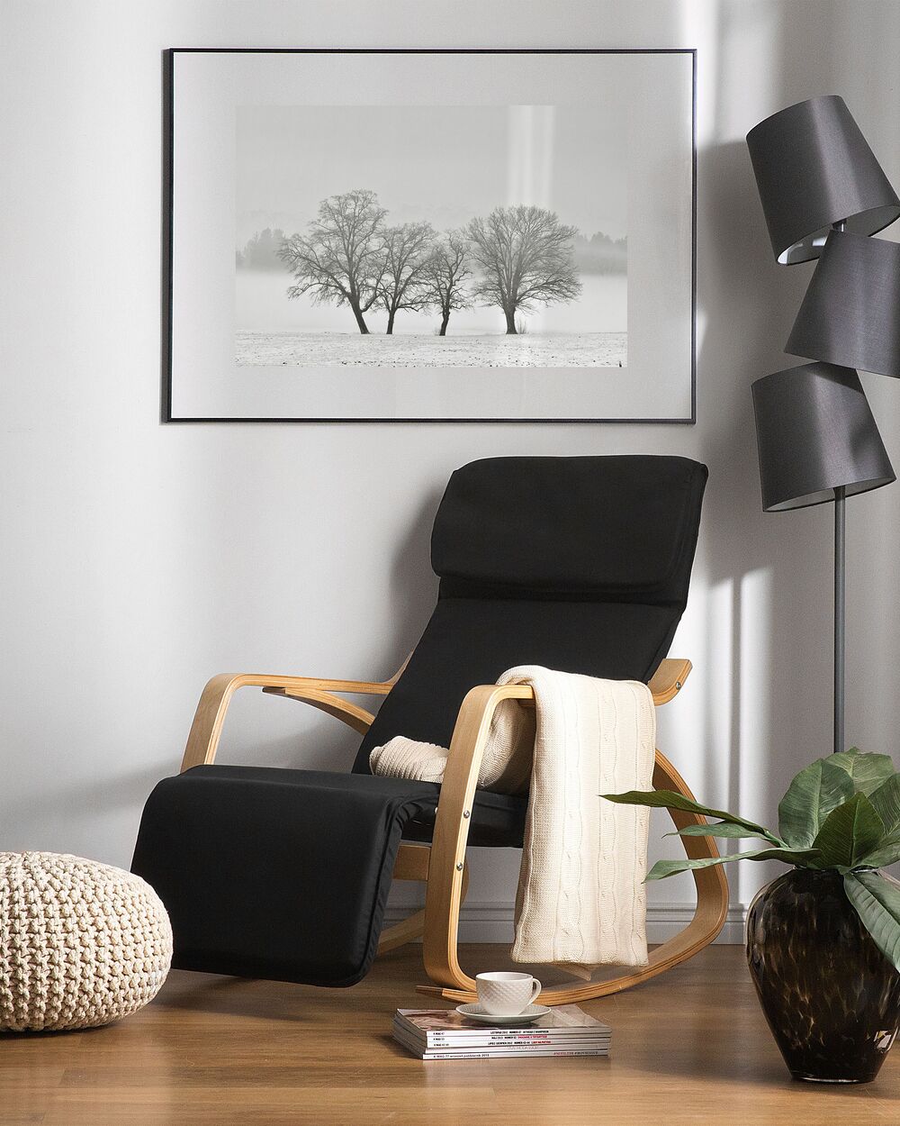 Silla Mecedora De Bouclé Blanco/Negro - Diseño Moderno Con Patas De Madera