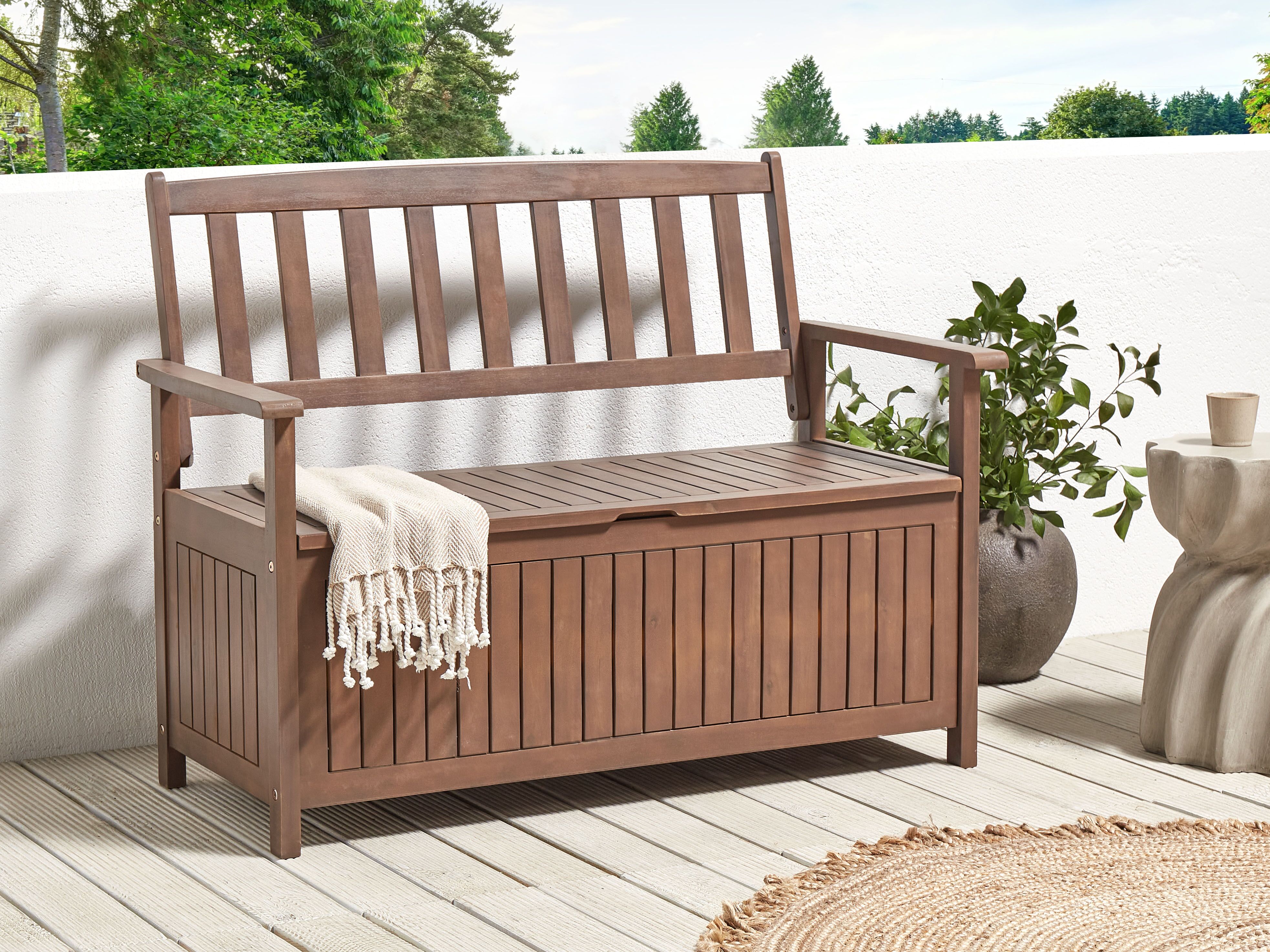 Acacia Wood Garden Bench with Storage 120 cm Dark SOVANA | Beliani.co.uk