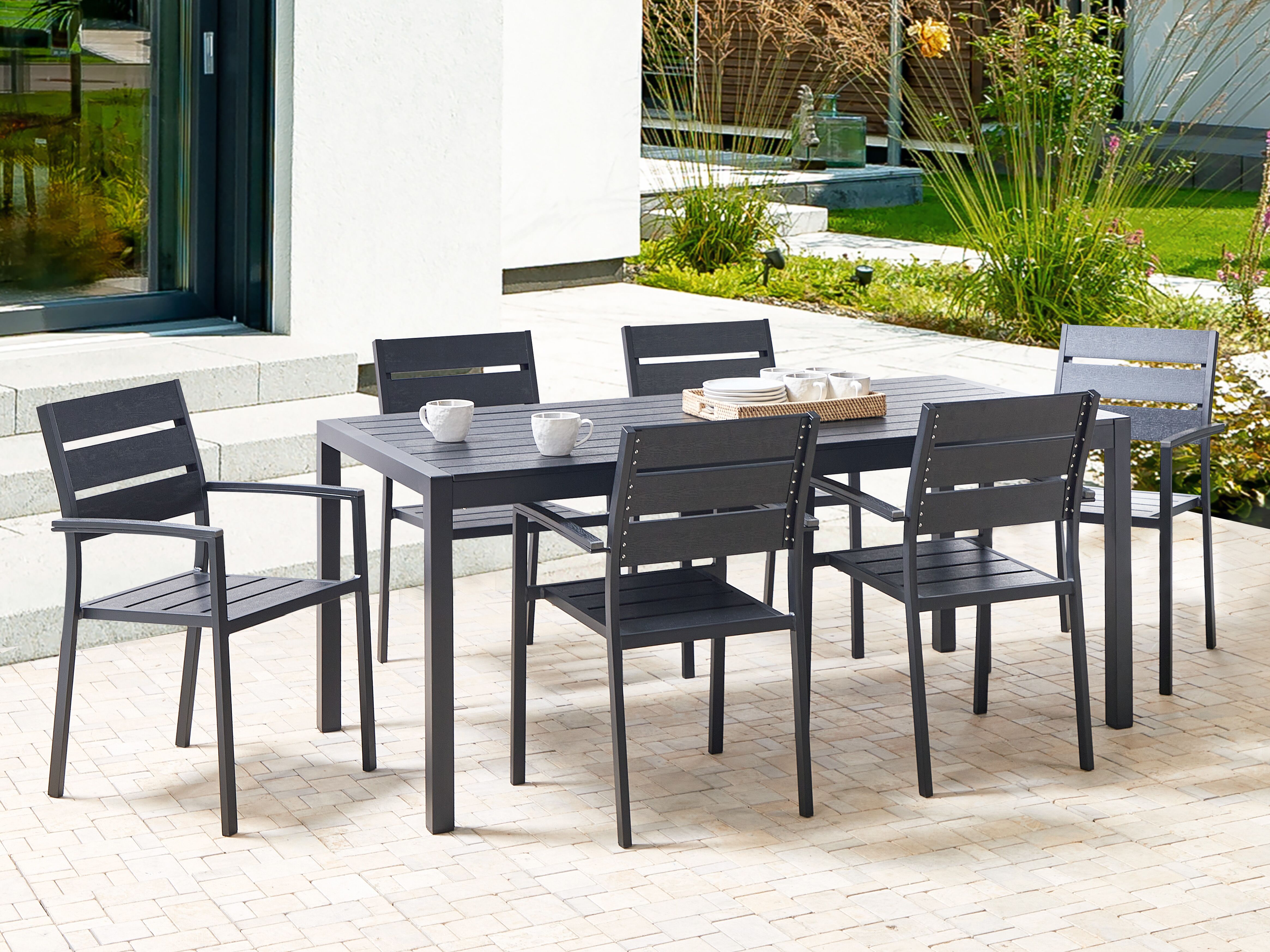 Tuintafel Set Tuin eettafel VERNIO 180 cm 90 cm Metaal Zwart | Beliani.nl