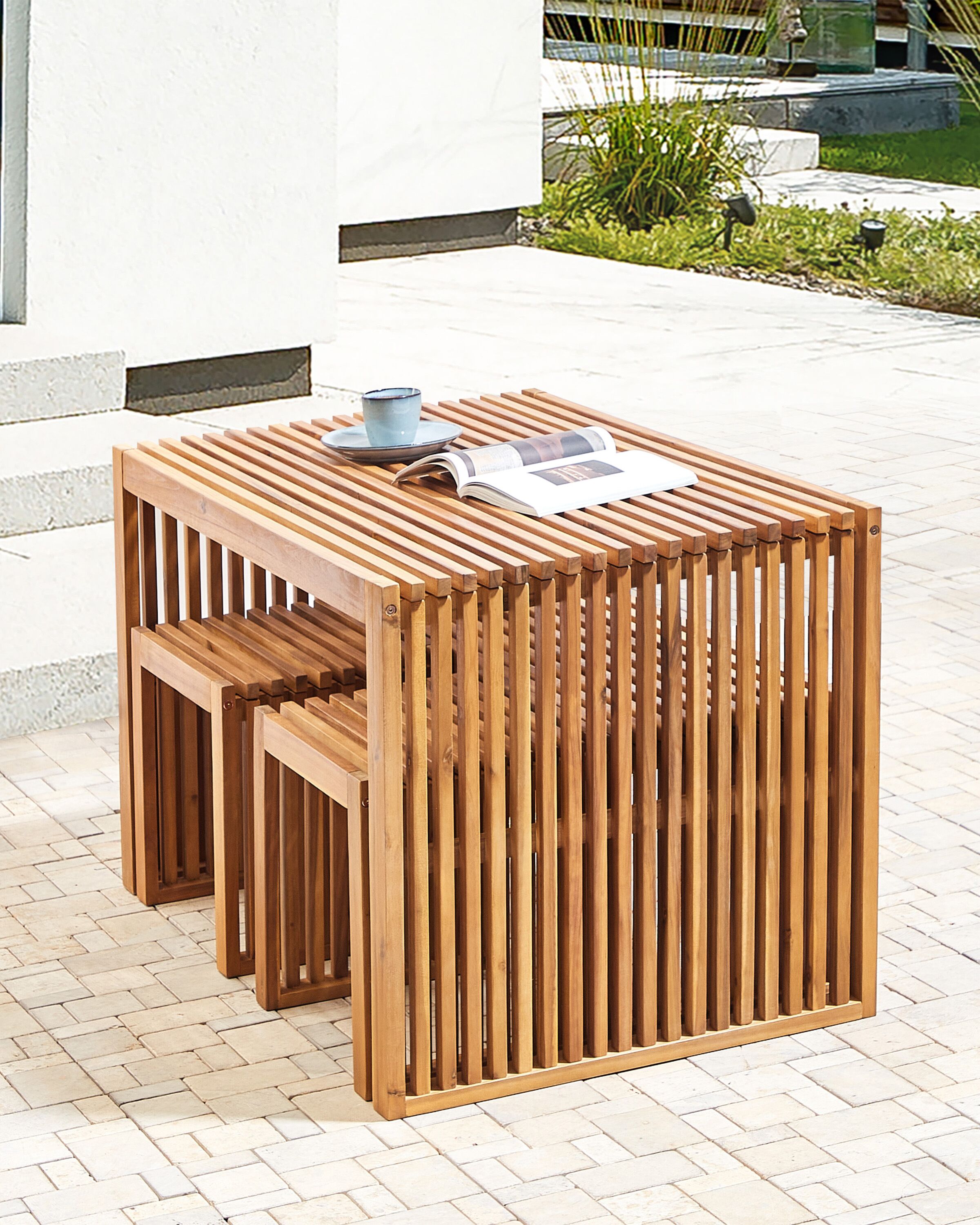 3-er Set Garten-Hocker BELLANO Akazienholz Braun | Beliani.ch