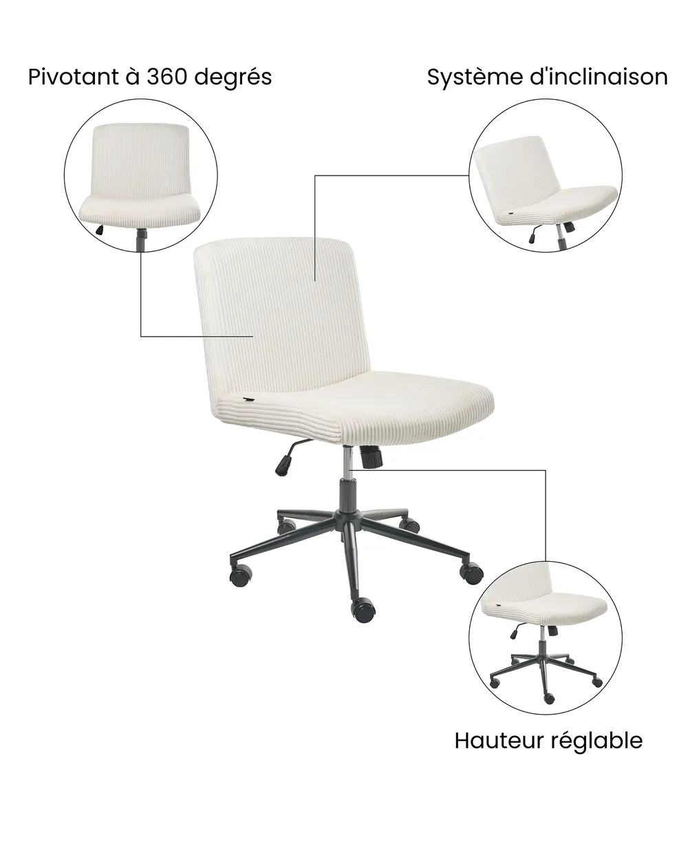 Chaise de bureau GEDDES Velours côtelé Blanc_1074405