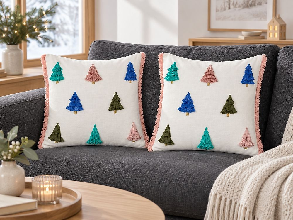 Set of 2 Decorative Cushions SKIMMIA 45 x 45 cm Cotton White Christmas Motif