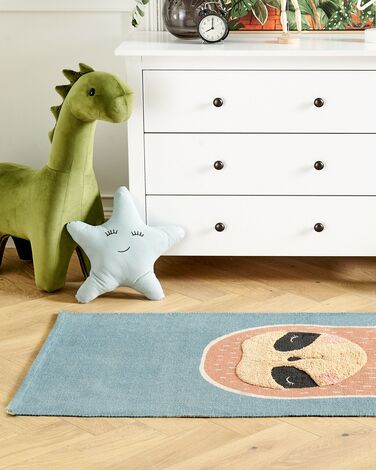 Cotton Kids Rug Three Toed-Sloth Print 80 x 150 cm Blue and Orange ISAK 