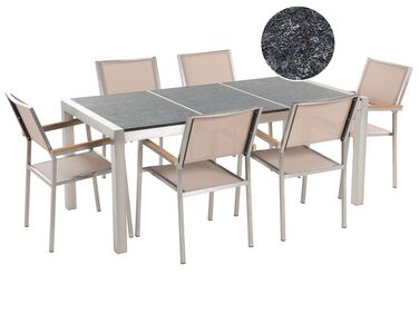 Hatszemélyes fekete égetett gránit étkezőasztal bézs textilén székekkel GROSSETO