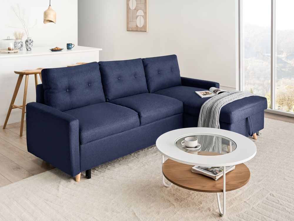 Corner Sofa Bed 4 Seater FLAKK with Storage Fabric Navy Blue Left Hand