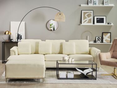 Right Hand Leather Corner Sofa with Ottoman Beige OSLO