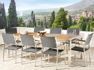 8 Seater Garden Dining Set Eucalyptus Wood Top with Black Rattan Chairs GROSSETO 