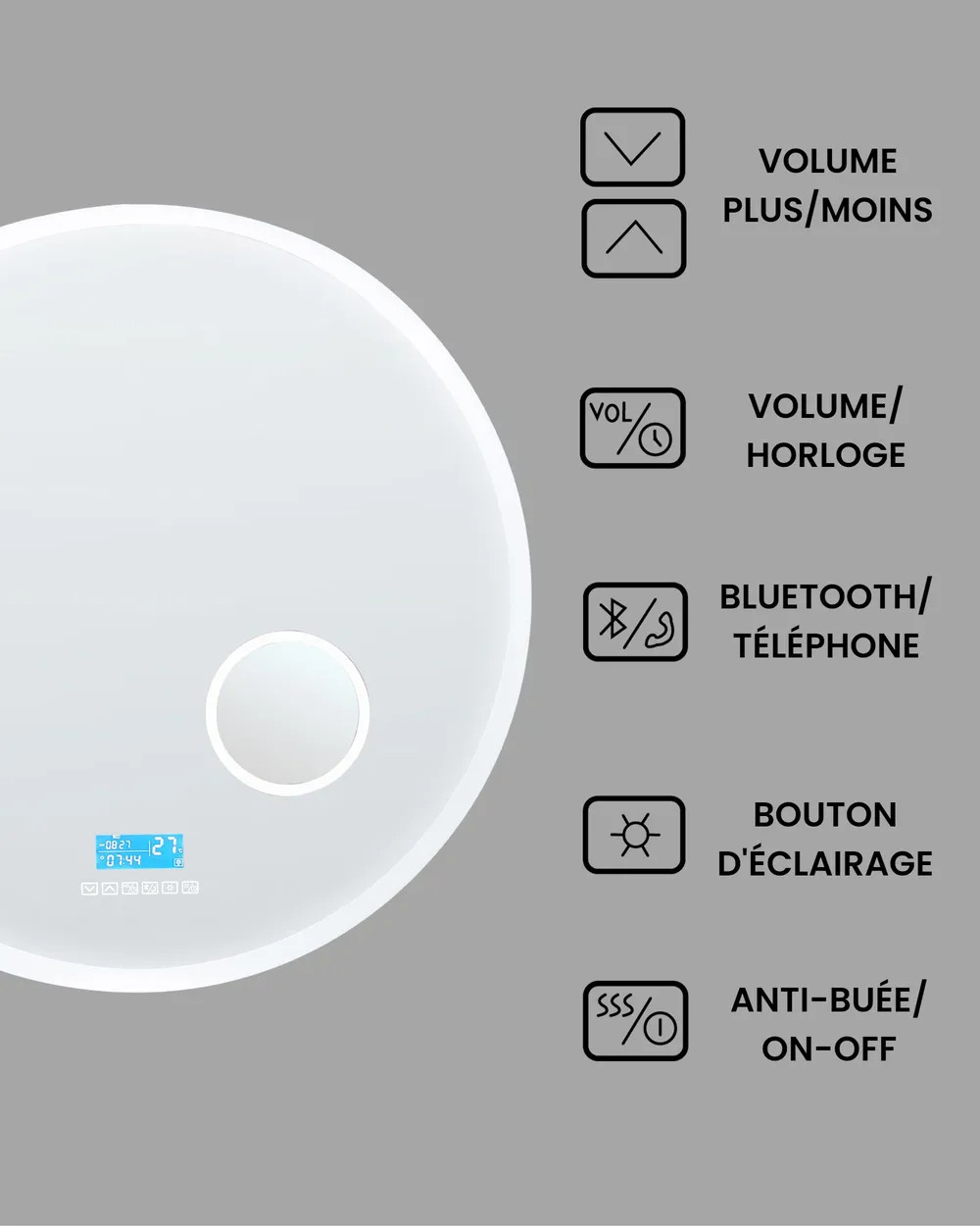 Miroir de salle de bain LED FIXIN 80 cm 80 cm Avec haut-parleur Bluetooth intégré Argenté_940618