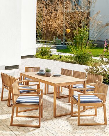 Set of 8 Certified Acacia Wood Garden Dining Chairs with Navy Blue and White Cushions SASSARI II