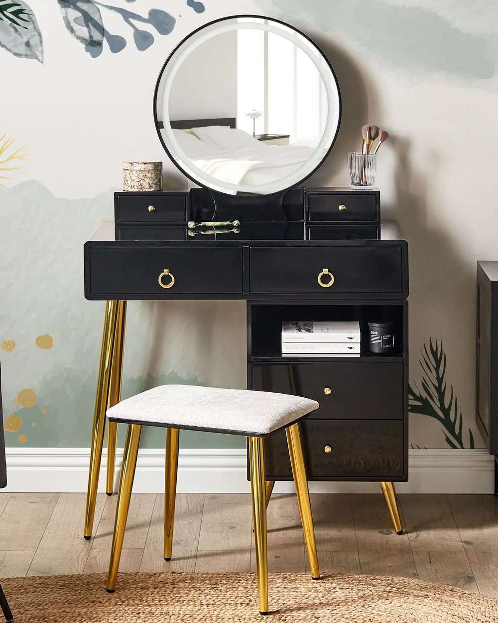 Dressing Table with Mirror and Stool YVES LED Black