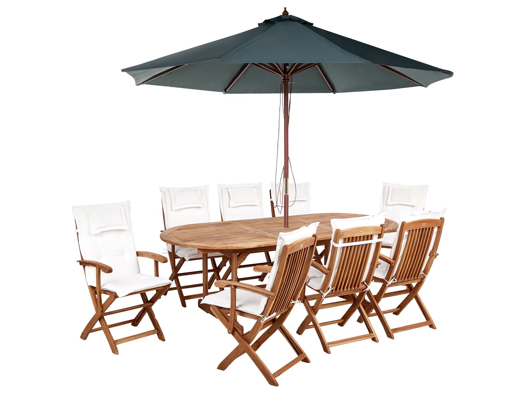 8 Seater Acacia Wood Garden Dining Set with Parasol and Off-White Cushions MAUI II_926935