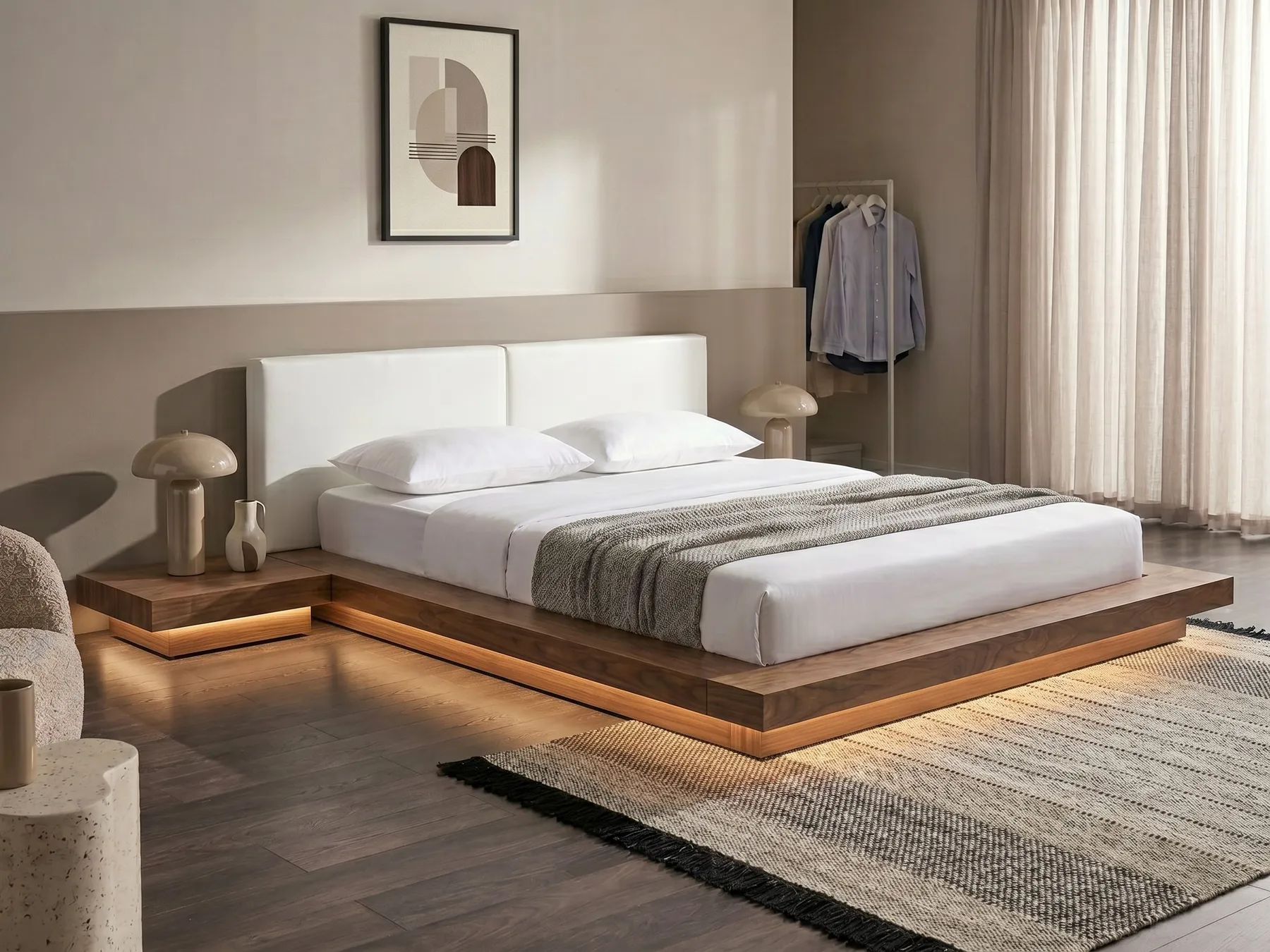 Bed with LED ZEN 180 x 200 cm (EU Super King) Brown Ash Wood_796163