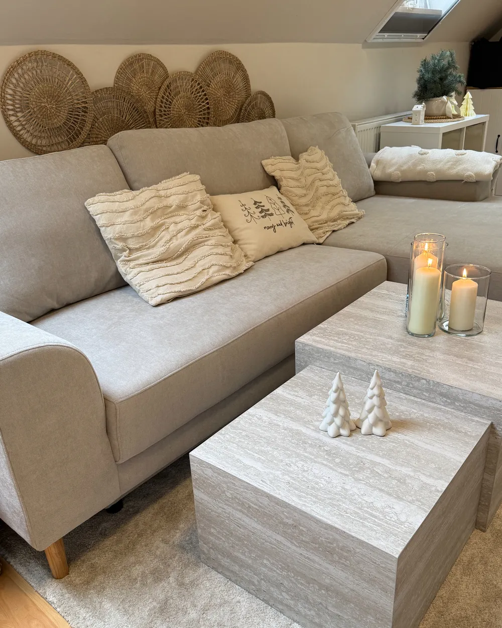 Corner Sofa Bed 3 Seater NUBORG Chenille Light Beige Left Hand_1047208
