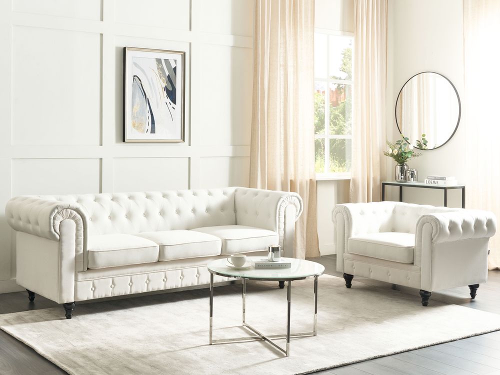Sofa Set Leinenoptik cremeweiB 4 Sitzer CHESTERFIELD Beliani
