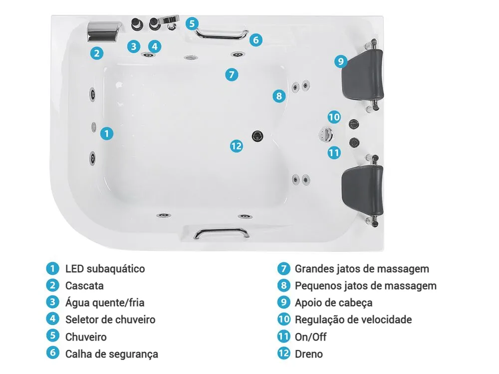 Banheira de hidromassagem de canto com LED BAYAMO 1700 x 1200 mm Branco à esquerda_821992