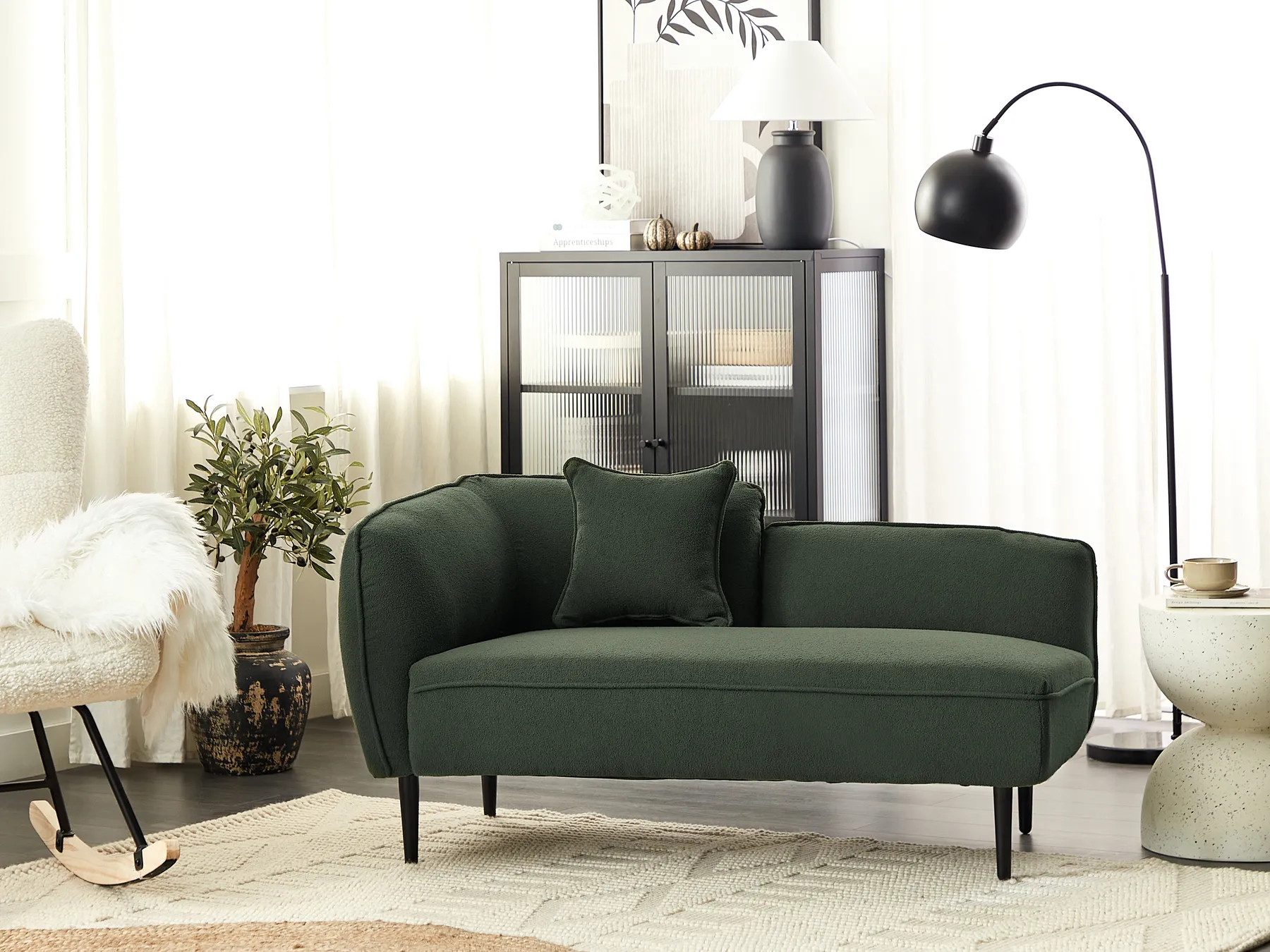 Left-Hand Chaise Longue CHEVANNES Boucle Dark Green_877220