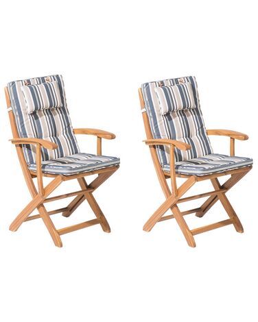Zestaw 2 krzeseł ogrodowych drewniany z niebiesko-beżowymi poduszkami MAUI