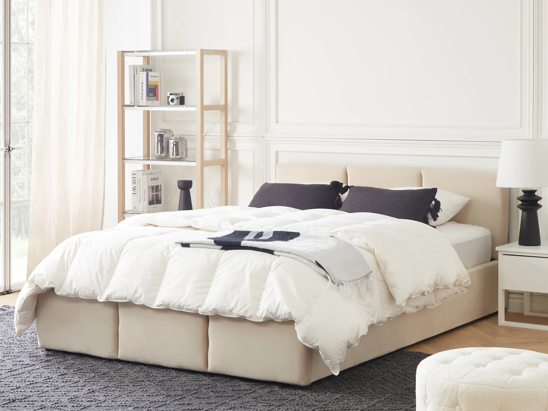 Ottoman Bed BOUSSE Velvet Light Beige 140 x 200 cm (EU Double)_862612