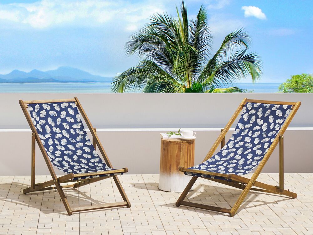Set of 2 Acacia Folding Deck Chairs and 2 Replacement Fabrics Light Wood with Off White Navy Blue Floral Pattern ANZIO Beliani