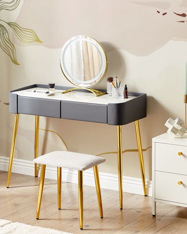 Konsollbord med 2 skuffer LED-speil og puff grå og gull SURIN