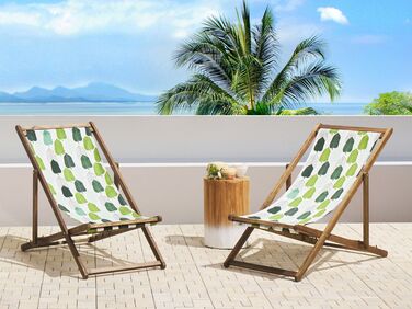 Set of 2 Acacia Folding Deck Chairs and 2 Replacement Fabrics Light Wood with Off-White / Green Leaf Pattern ANZIO