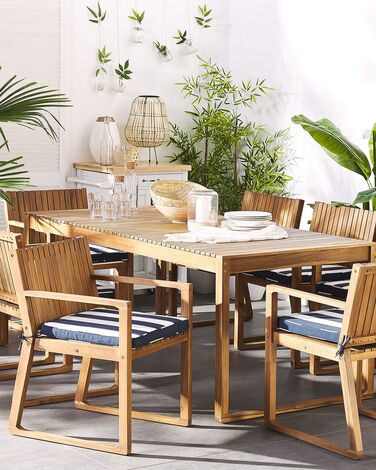 Set of 8 Acacia Wood Garden Dining Chairs with Navy Blue and White Cushions SASSARI