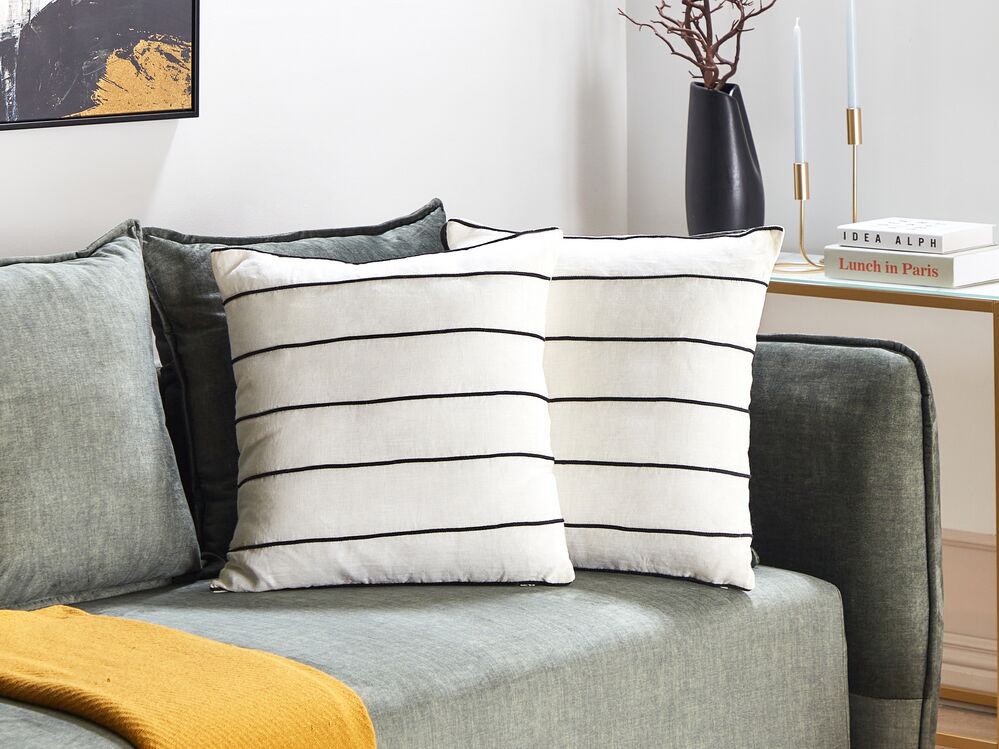 Set of 2 Linen Cushions Striped 50 x 50 cm White and Black MILAS Beliani