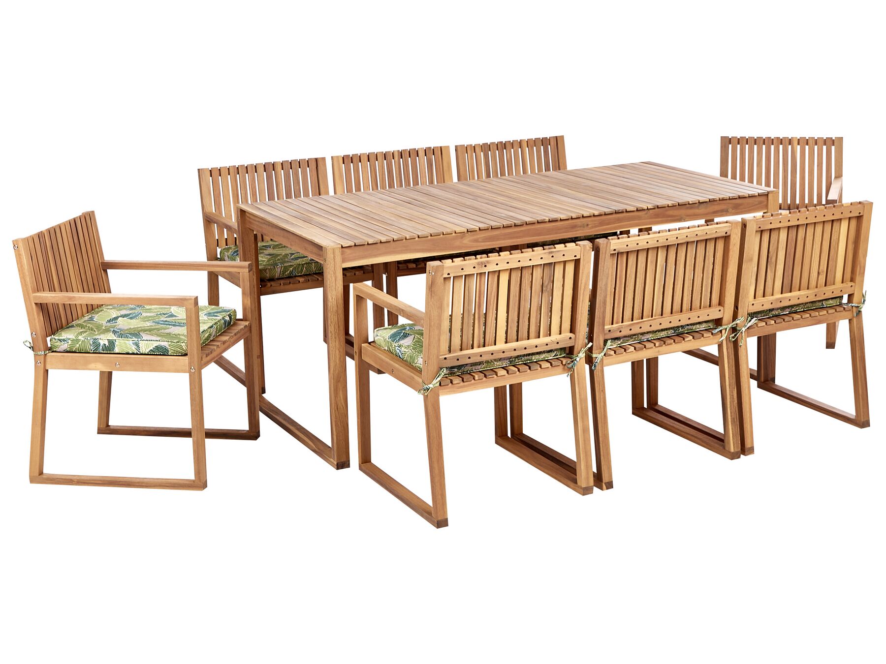 Gartenmöbel Set zertifiziertes Akazienholz hellbraun 8-Sitzer Auflagen grün Blättermuster SASSARI II_924049